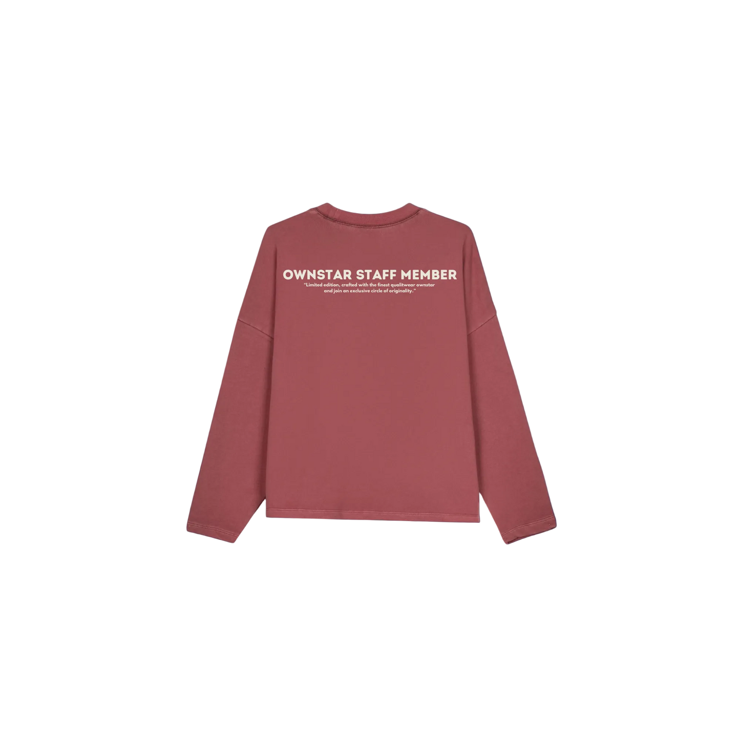 Back view of OWNSTAR STAFF MEMBER crewneck in burgundy
