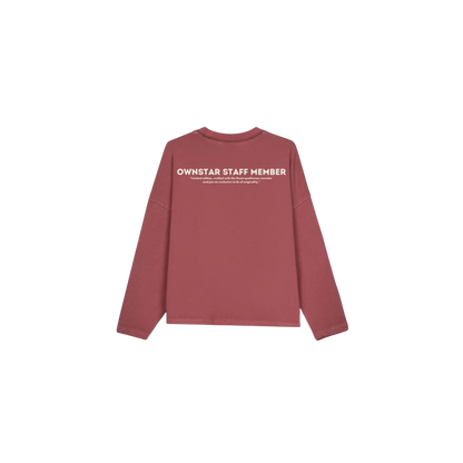 Back view of OWNSTAR STAFF MEMBER crewneck in burgundy
